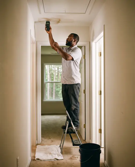 A restoration technician on a step stool checks a brown water stain on a hallway ceiling with a moisture meter, pine trees through the window behind him.